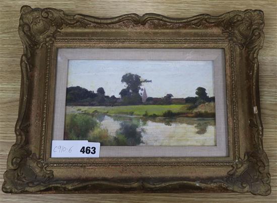 Leonard Charles Nightingale RA, oil on wooden panel, The River Arun, Sussex 1906, inscribed verso, 13 x 22cm